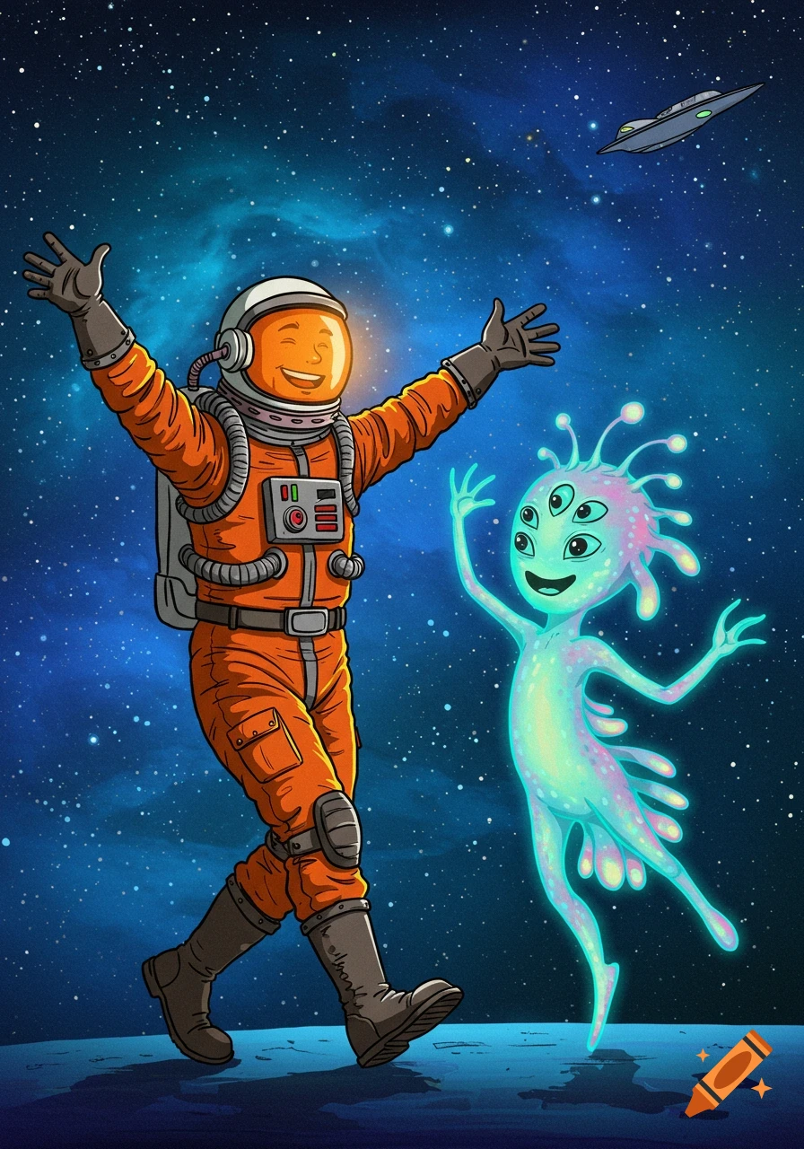 Cartoon illustration of an astronaut and an alien dancing in space with a spaceship overhead.