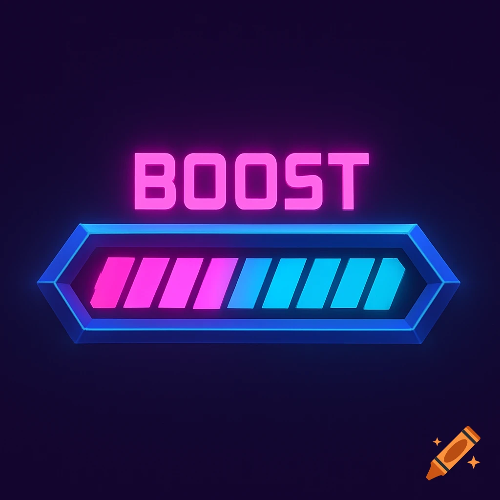 Neon boost meter UI with pink and blue segments and 'BOOST' text on a dark background.