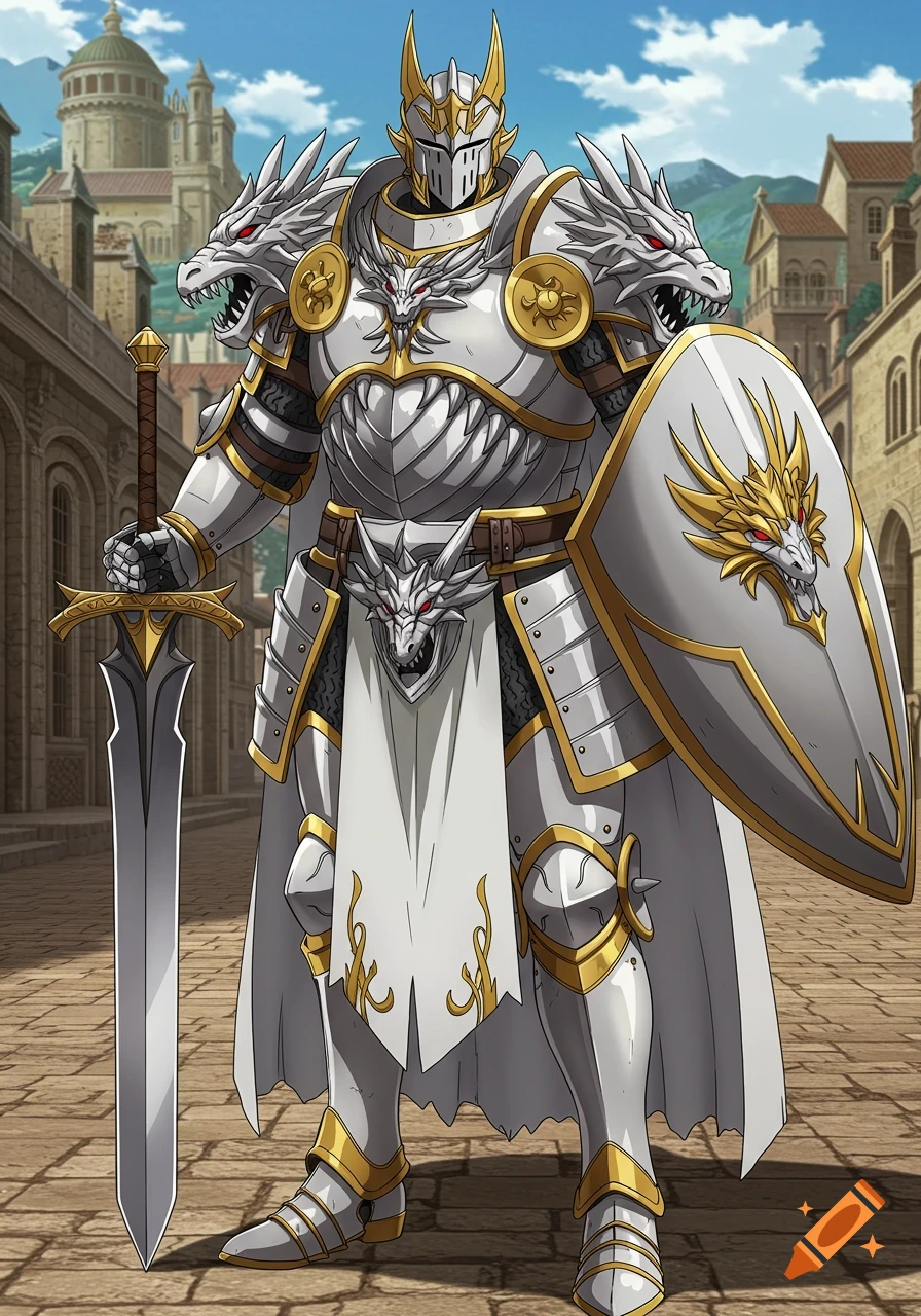 Anime style knight in white and gold dragon armor standing in a kingdom street.