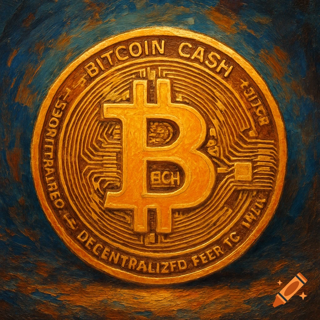 A gold Bitcoin Cash cryptocurrency coin in a painting style, detailed with circuitry patterns.