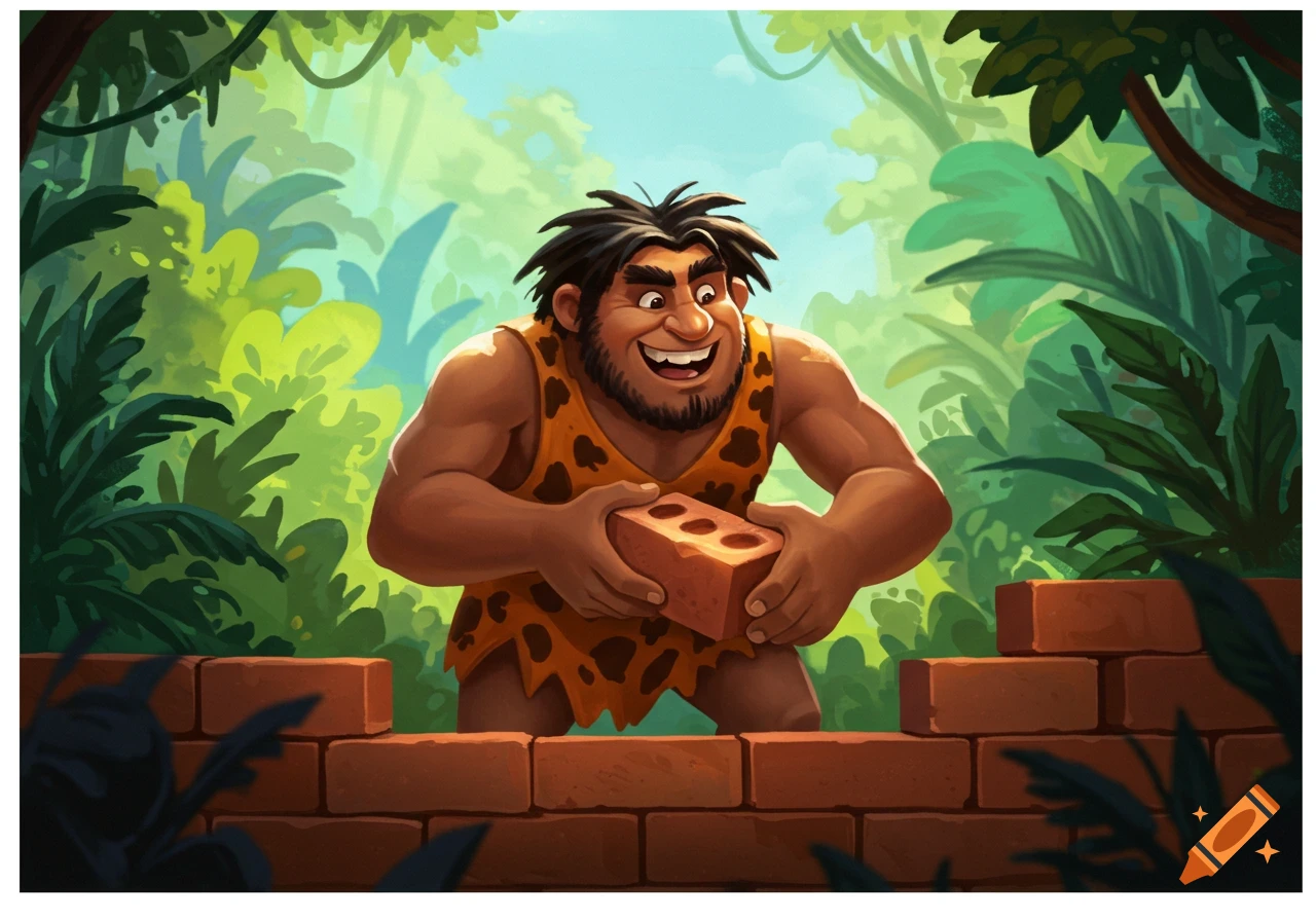 A cartoon caveman smiles while laying a brick to build a wall in a jungle.