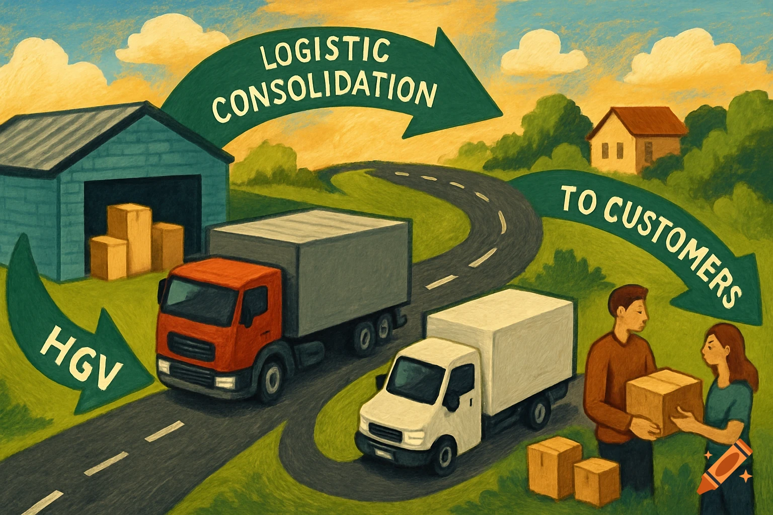 Illustration of logistics consolidation with large and small trucks on a road between a warehouse and a house, people handling boxes.