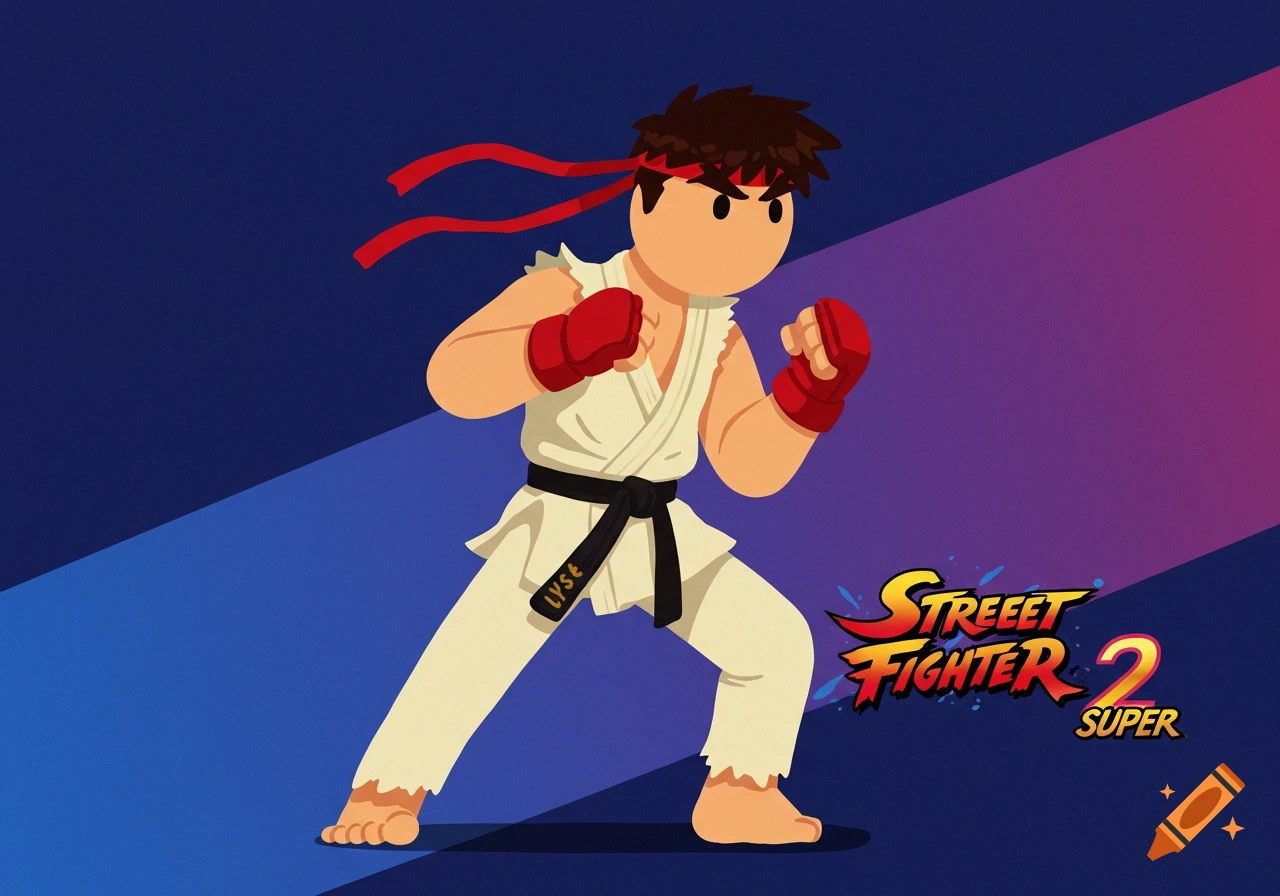 Stylized cartoon character in a fighting pose, like Ryu from Street Fighter.