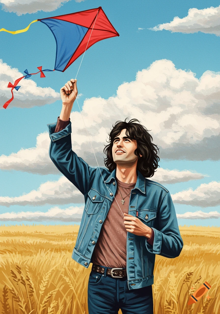 Illustration of a man flying a kite in a wheat field under a cloudy sky