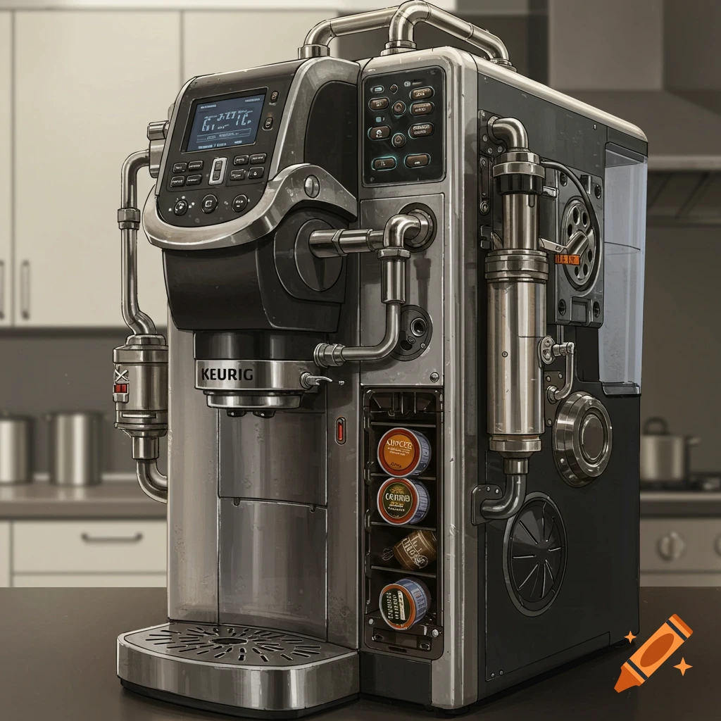 A highly detailed, complicated Keurig coffee machine with numerous pipes, gauges, and control panels, in a kitchen setting.
