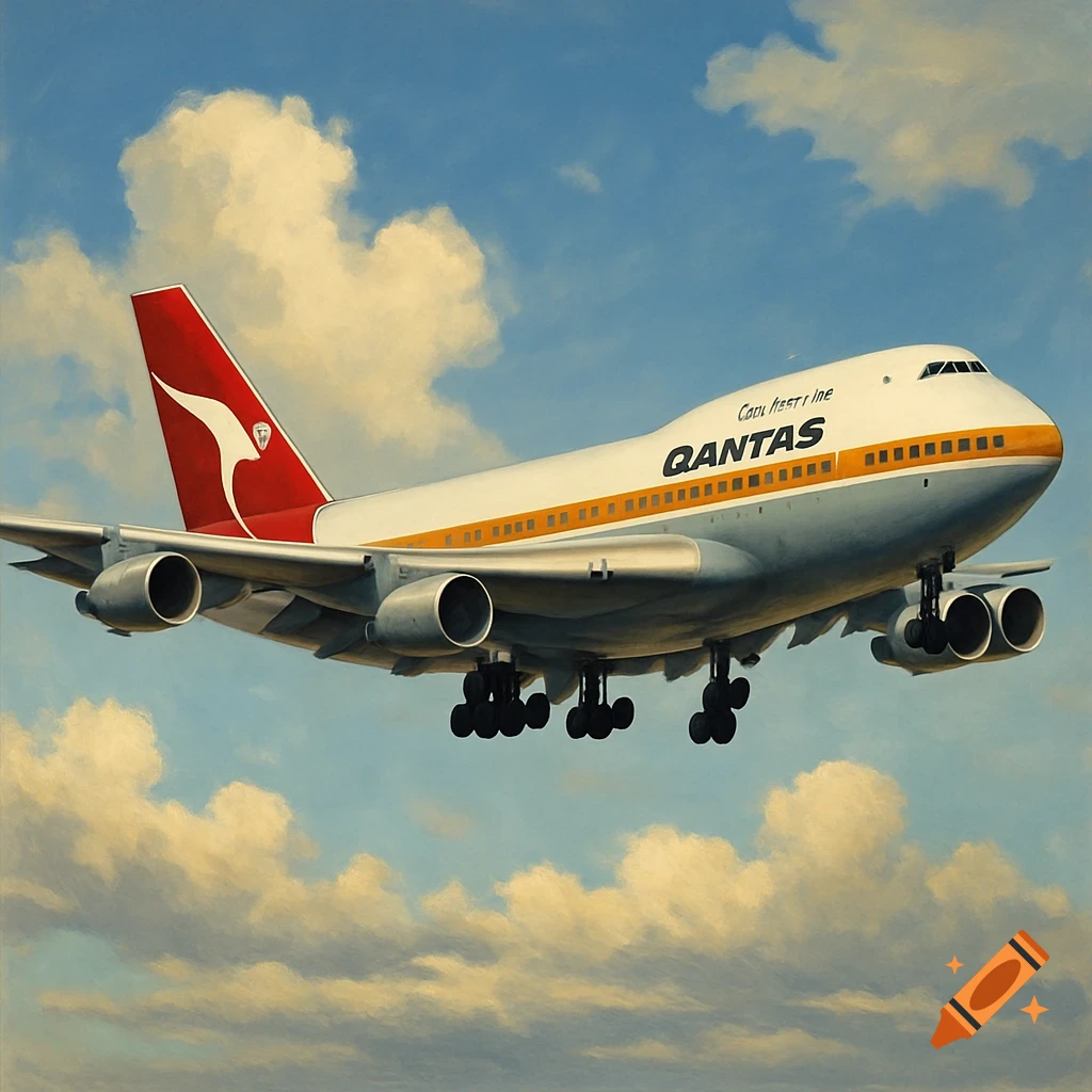 Painting of a Qantas 747 airplane flying through a cloudy blue sky.