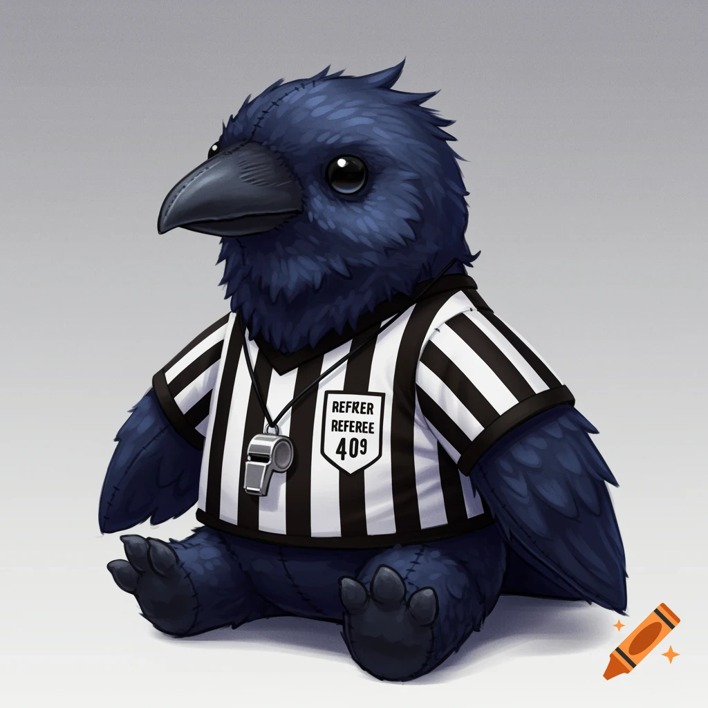 A cute plushie raven wearing a black and white striped referee shirt.