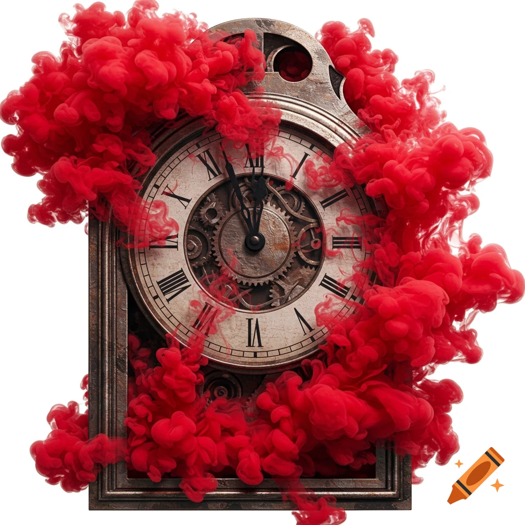 Antique clock engulfed in red smoke