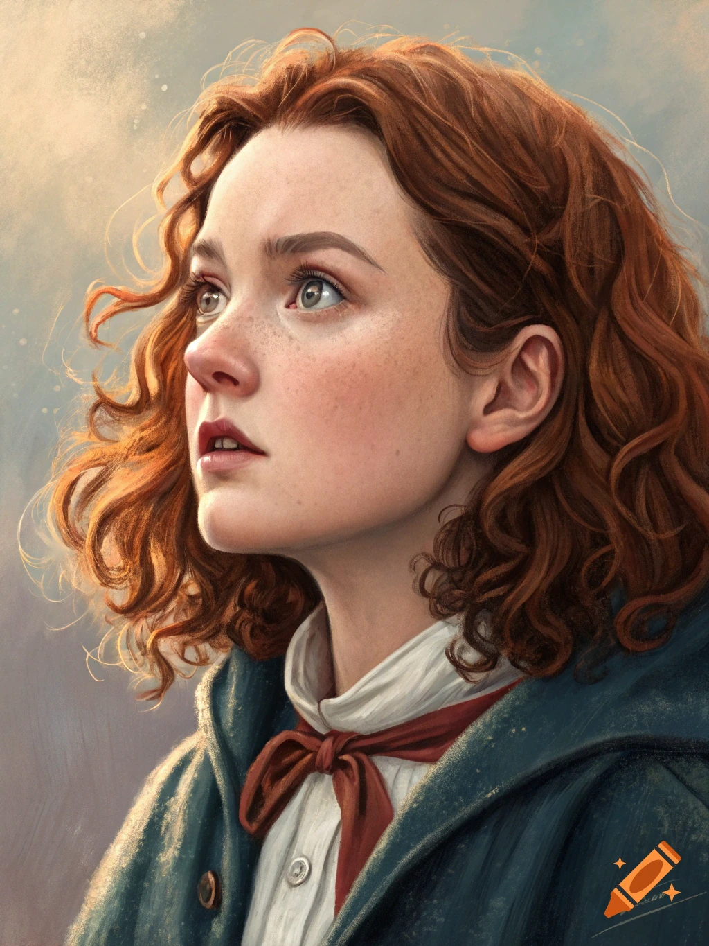 Painterly portrait of a young woman with red curly hair looking up on ...