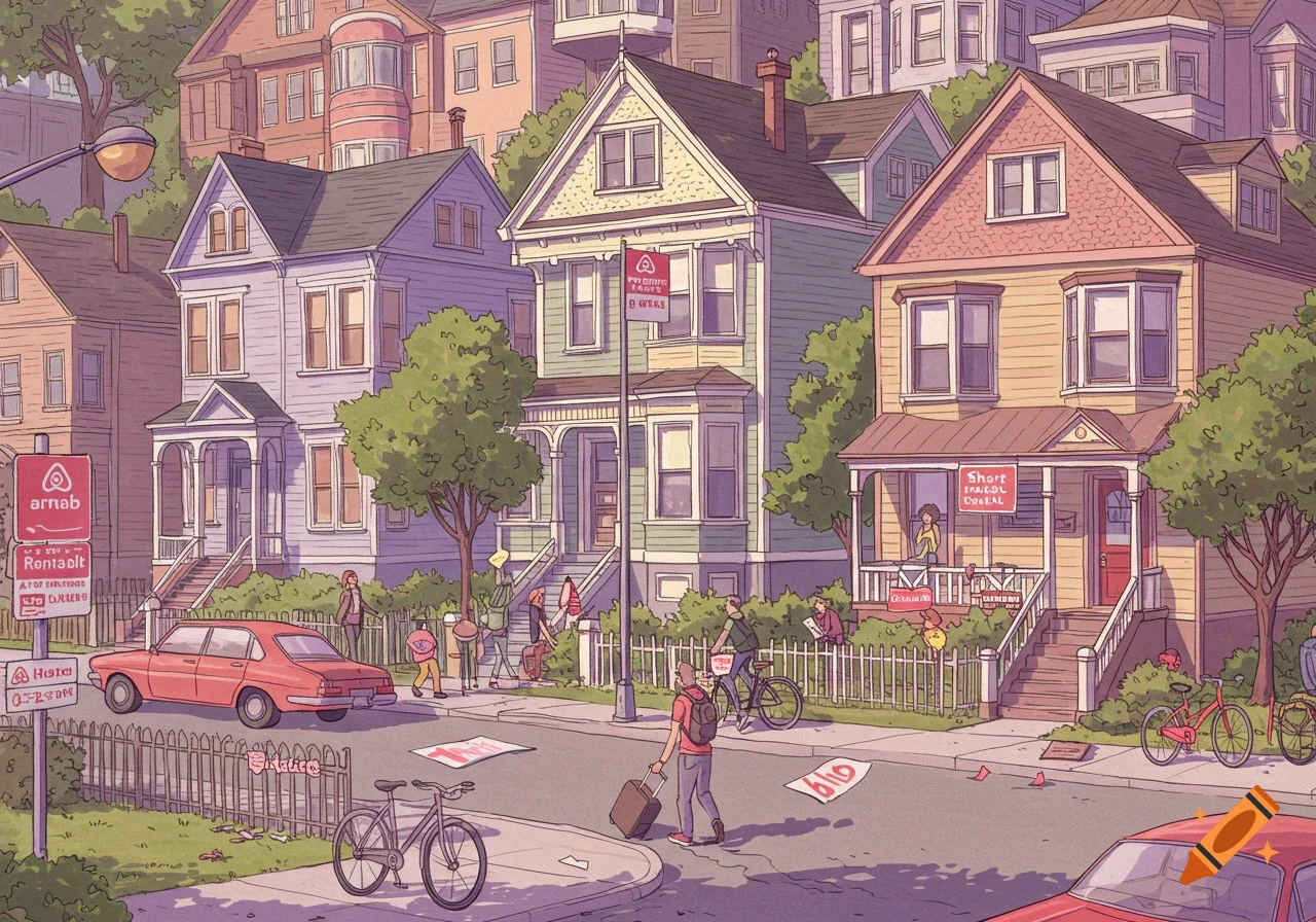 Illustration of a busy neighborhood street lined with houses and people, featuring signs on buildings.