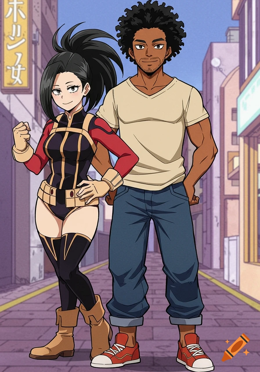 Anime characters, a woman in a hero costume and a man, stand on a city street.