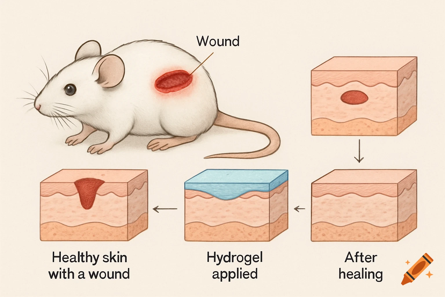 Illustration showing a mouse with a wound and diagram of skin healing stages with hydrogel.