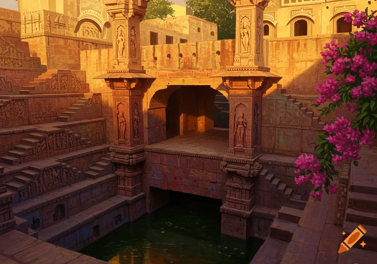 A large stepwell with intricate carvings, steps, pillars, water, and pink flowers illuminated by warm light.