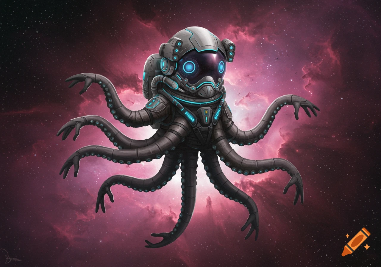 An octopus wearing a detailed futuristic spacesuit floats in space with a pink nebula behind it.