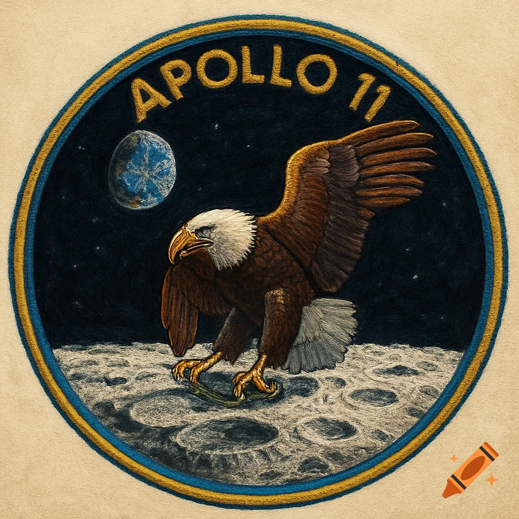 Textured illustration of an Apollo 11 patch with an eagle on the moon and Earth in the background.