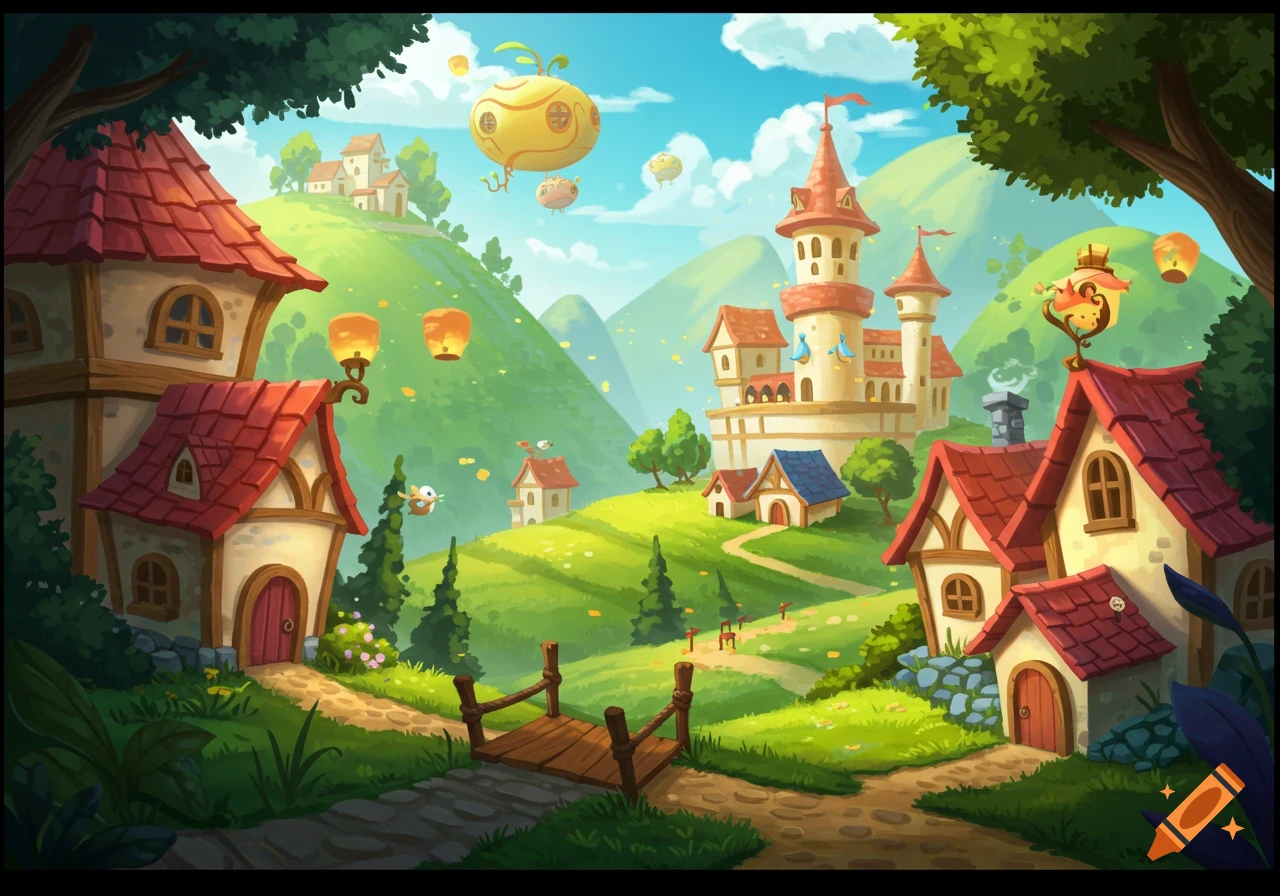 Cartoon fantasy village with houses, a castle, floating lanterns, and airships in a green valley.