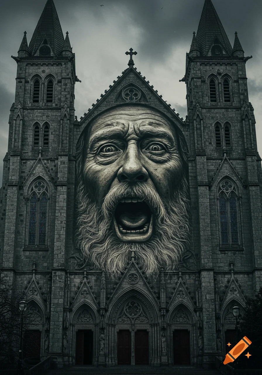 A large, screaming bearded face is sculpted onto the facade of a dark gothic church.