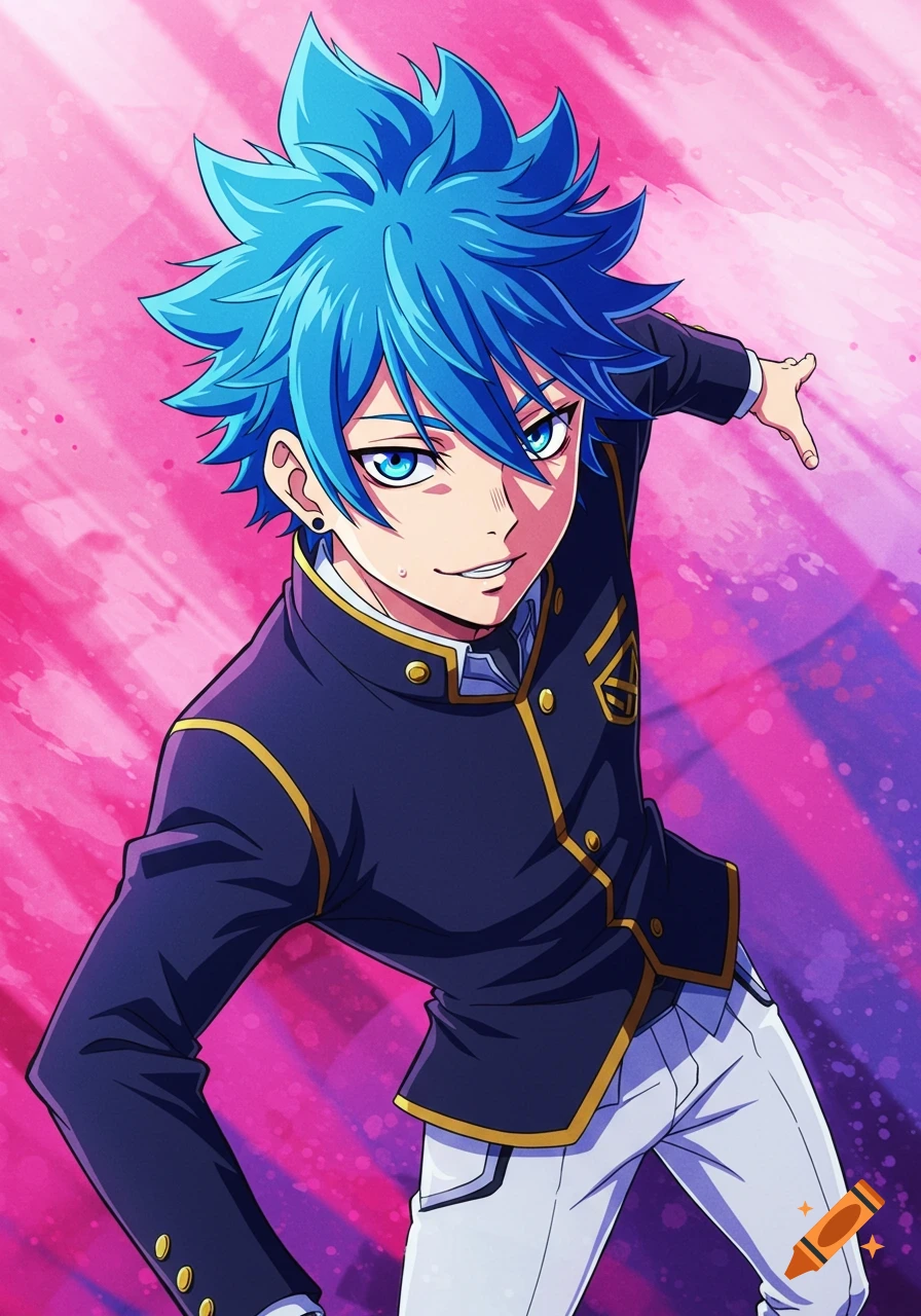Anime boy with blue hair in a dark blue school uniform poses against a pink background.
