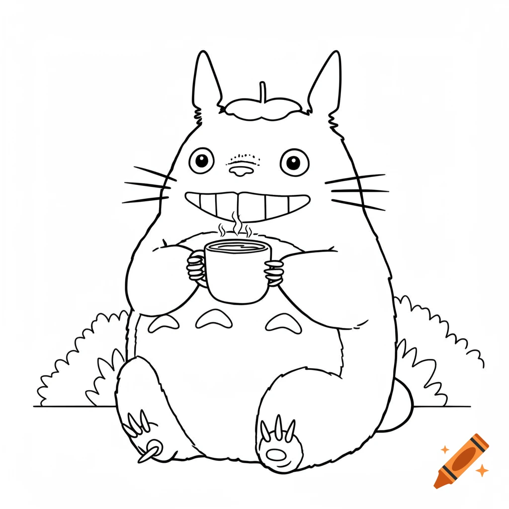 Line drawing of Totoro sitting and holding a steaming cup.