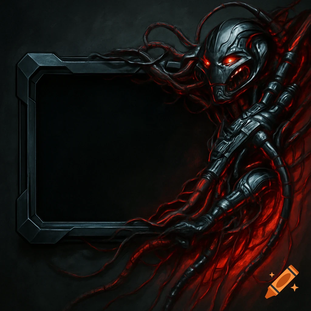 A dark metallic frame integrated with a menacing robot head, glowing red eyes, and red cables, in a sci-fi horror style.
