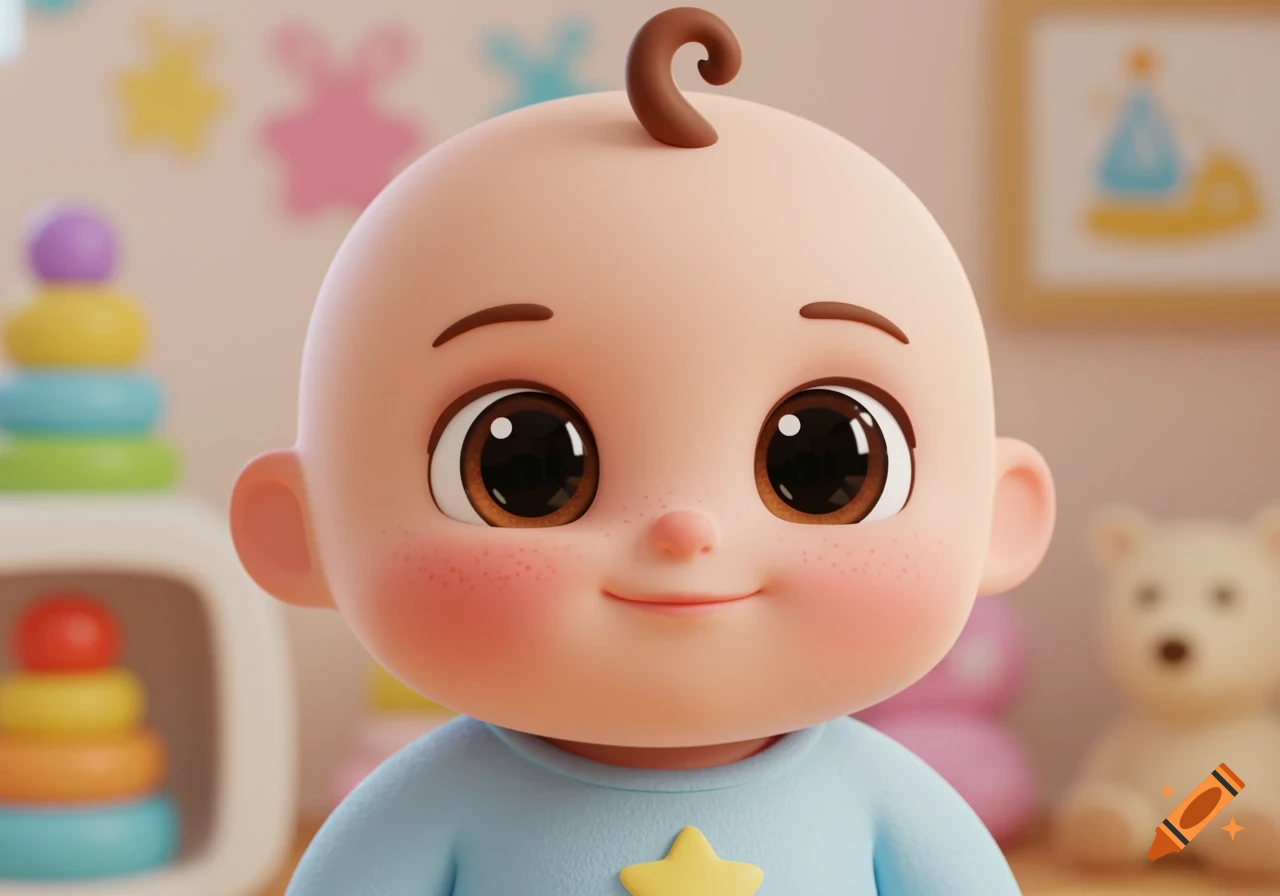 Close-up 3D cartoon illustration of a cute baby with big eyes, rosy cheeks, and a tiny curl, wearing a blue onesie in a nursery.