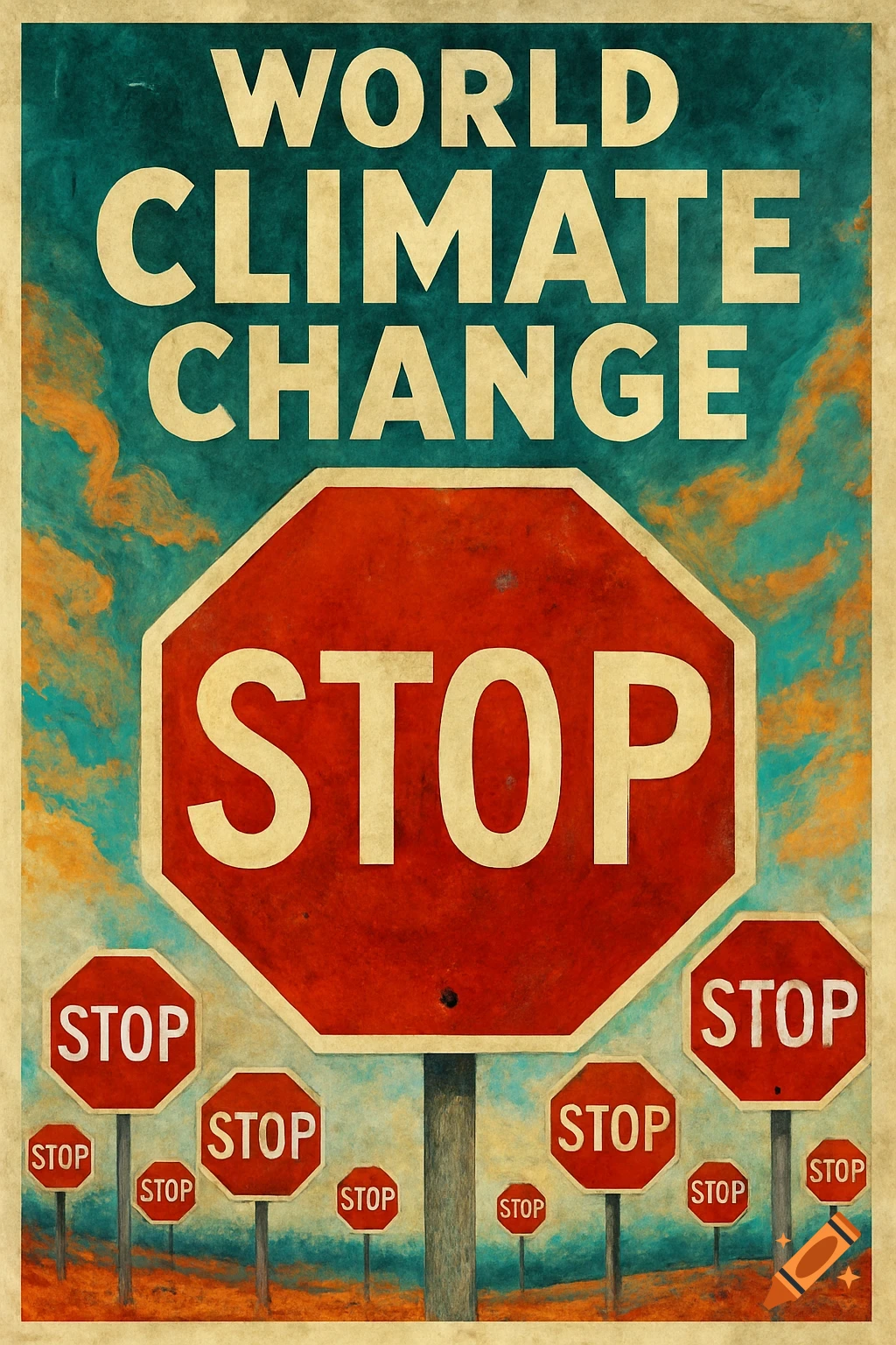 Vintage style poster about world climate change, featuring a large stop sign and smaller stop signs with the word STOP, and text WORLD CLIMATE CHANGE.