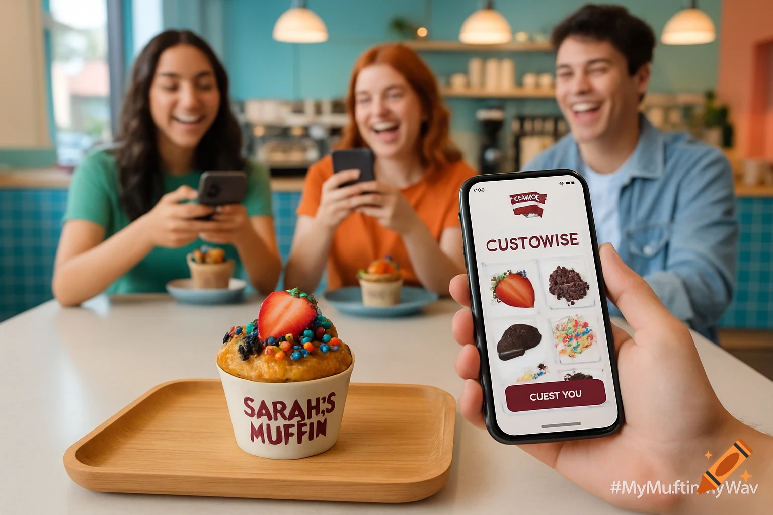 People in a cafe look at muffins and a phone displaying a customization app.
