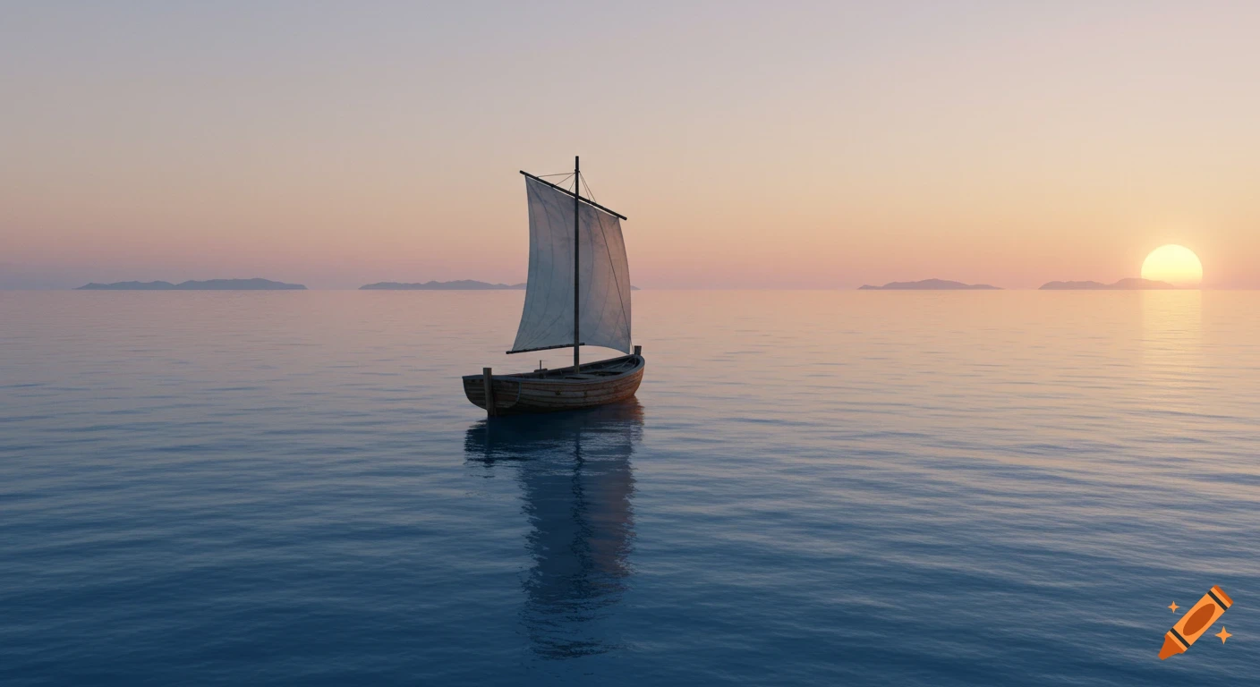 A small boat with a single sail drifts on a calm ocean at sunset with distant islands.