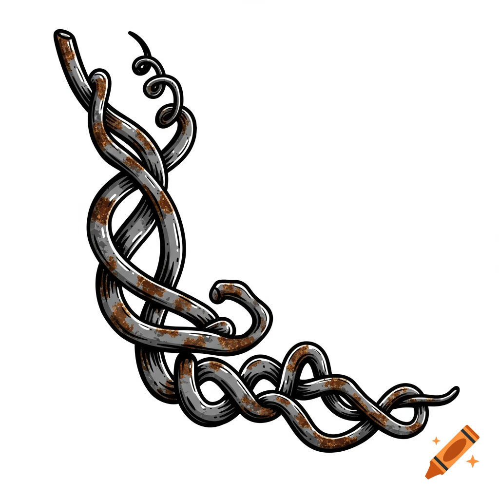 Illustration of intertwined rusty metal forms.