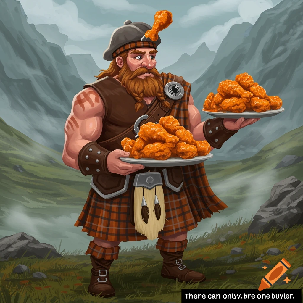 A muscular Highlander in a kilt holds two plates overflowing with buffalo wings in a mountain landscape.