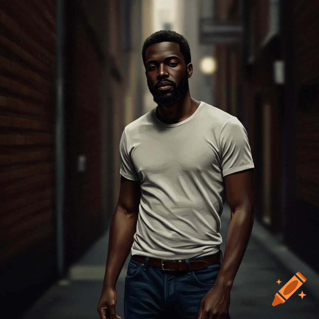 A man stands in a dark alleyway.