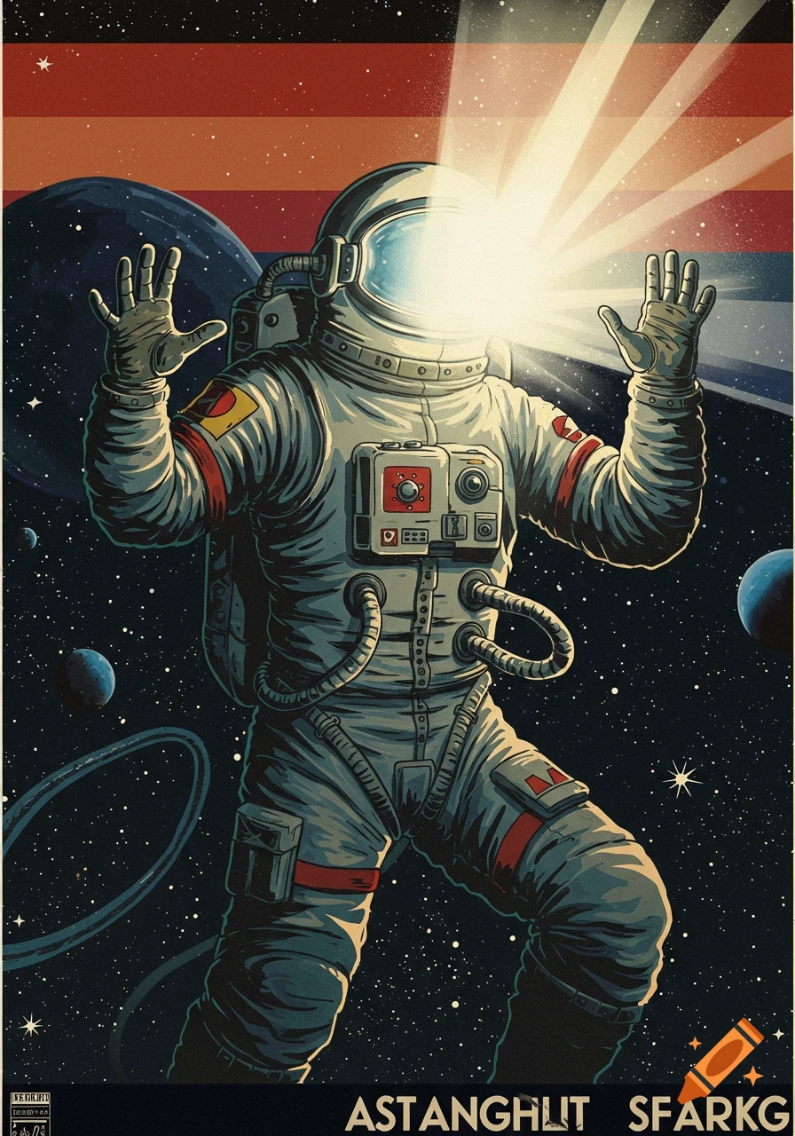 Retro poster of an astronaut in space with a light shining from the helmet visor.