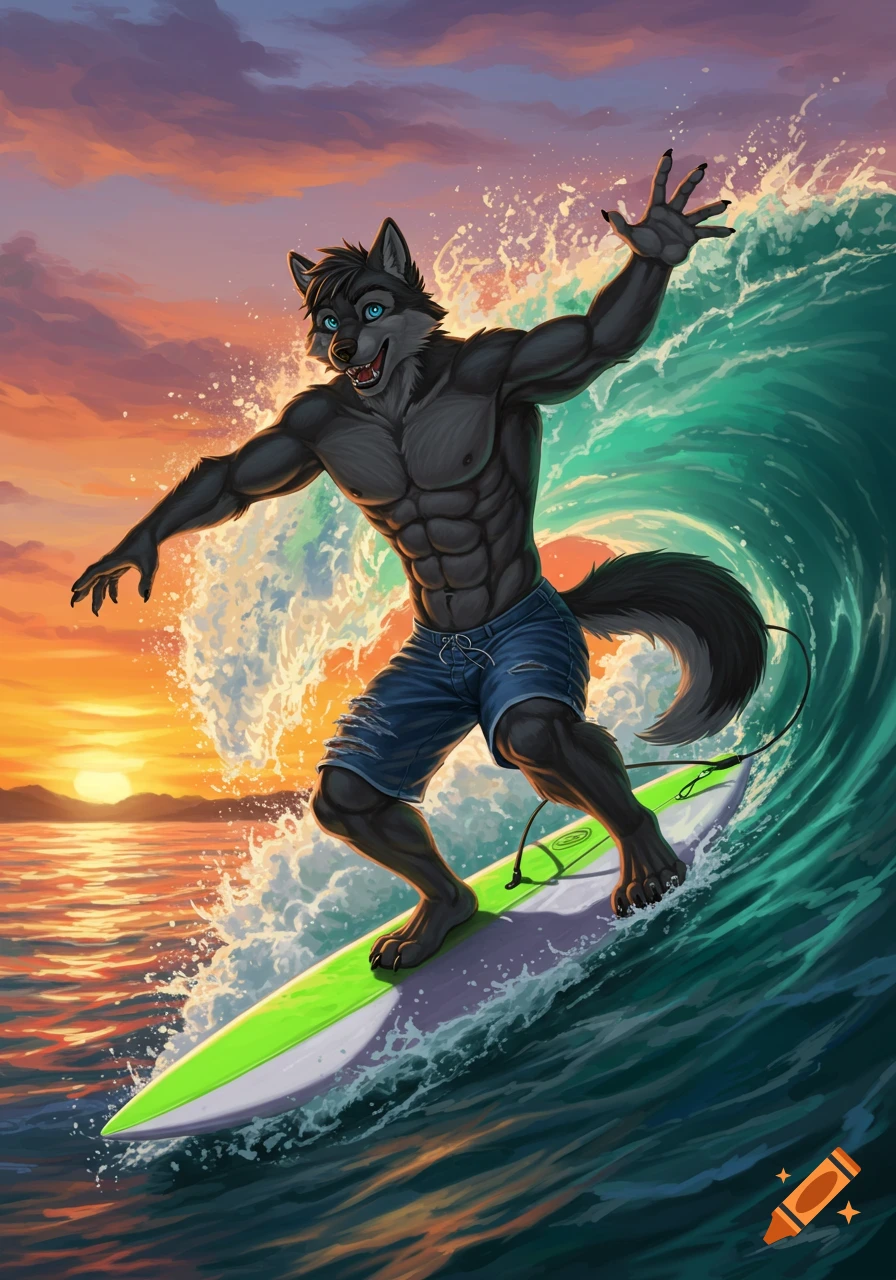 A buff furry wolf character surfs a large wave during a vibrant sunset.