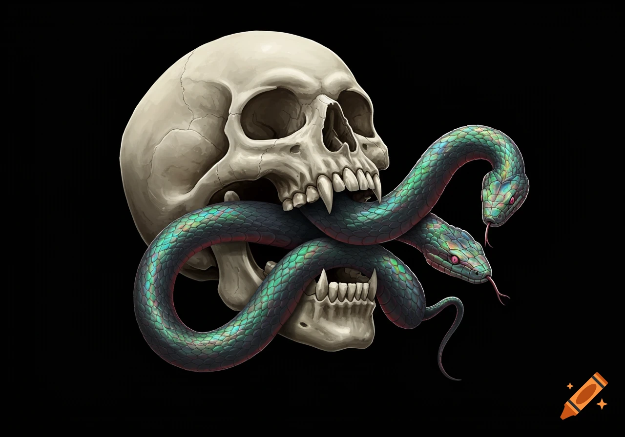 A human skull with two iridescent snakes slithering out of its mouth against a black background.