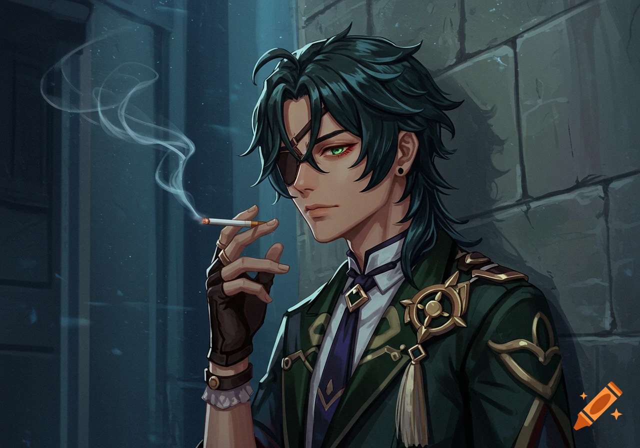 Illustrative portrait of Kaveh from Genshin Impact smoking a cigarette in an alley.