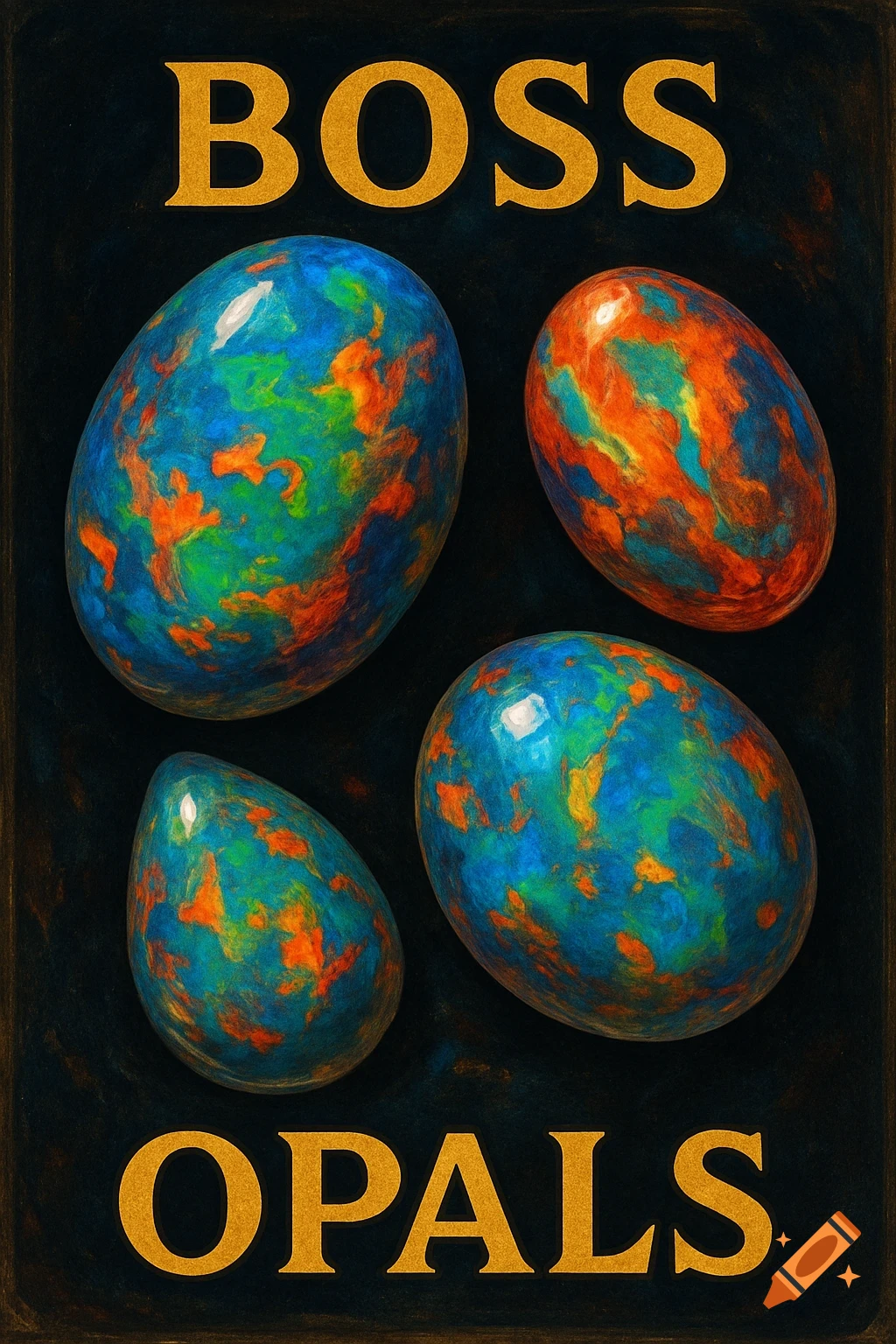 Four colorful opals on a dark background with the words BOSS OPALS.