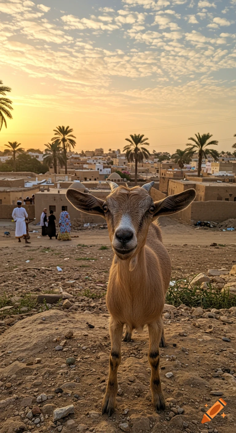 A goat stands in front of a village with palm trees under a sunset sky.
