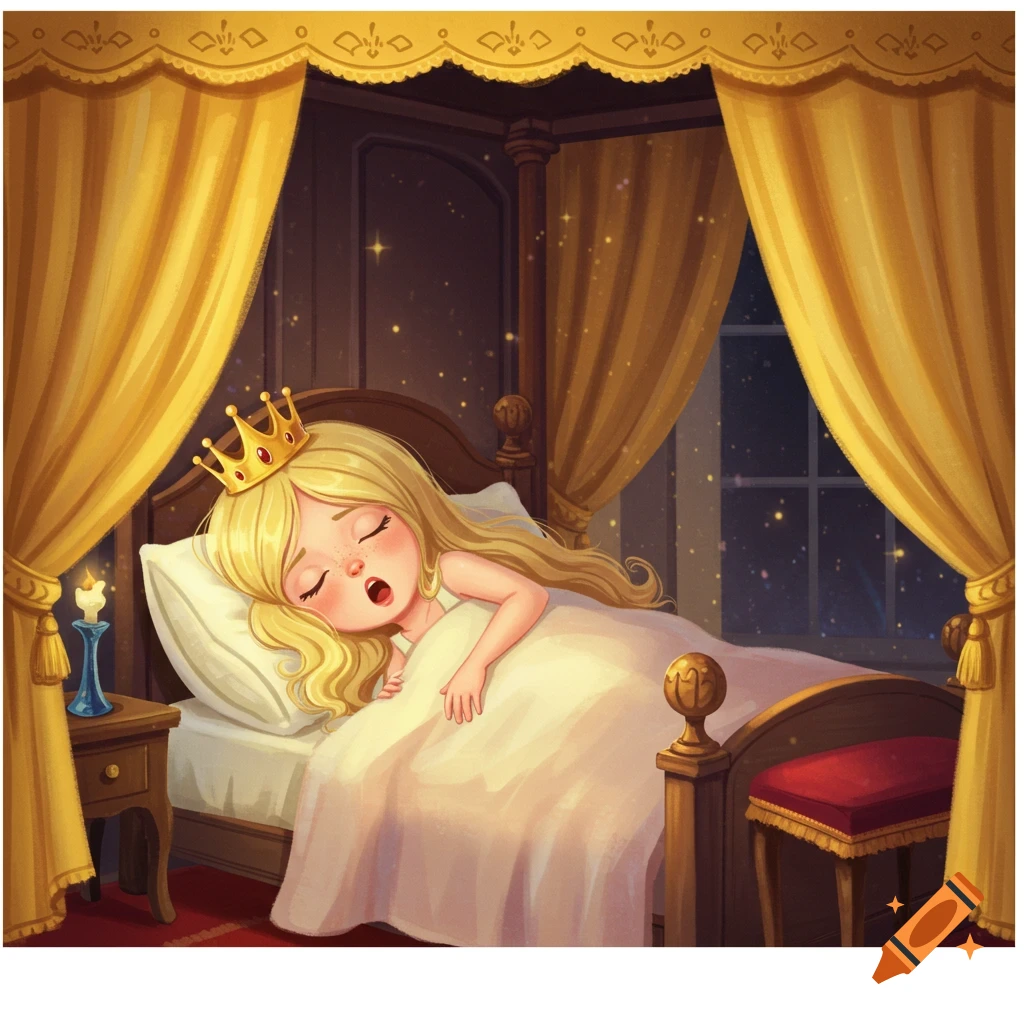 Cartoon princess sleeping in a royal bed with gold curtains, illustration style