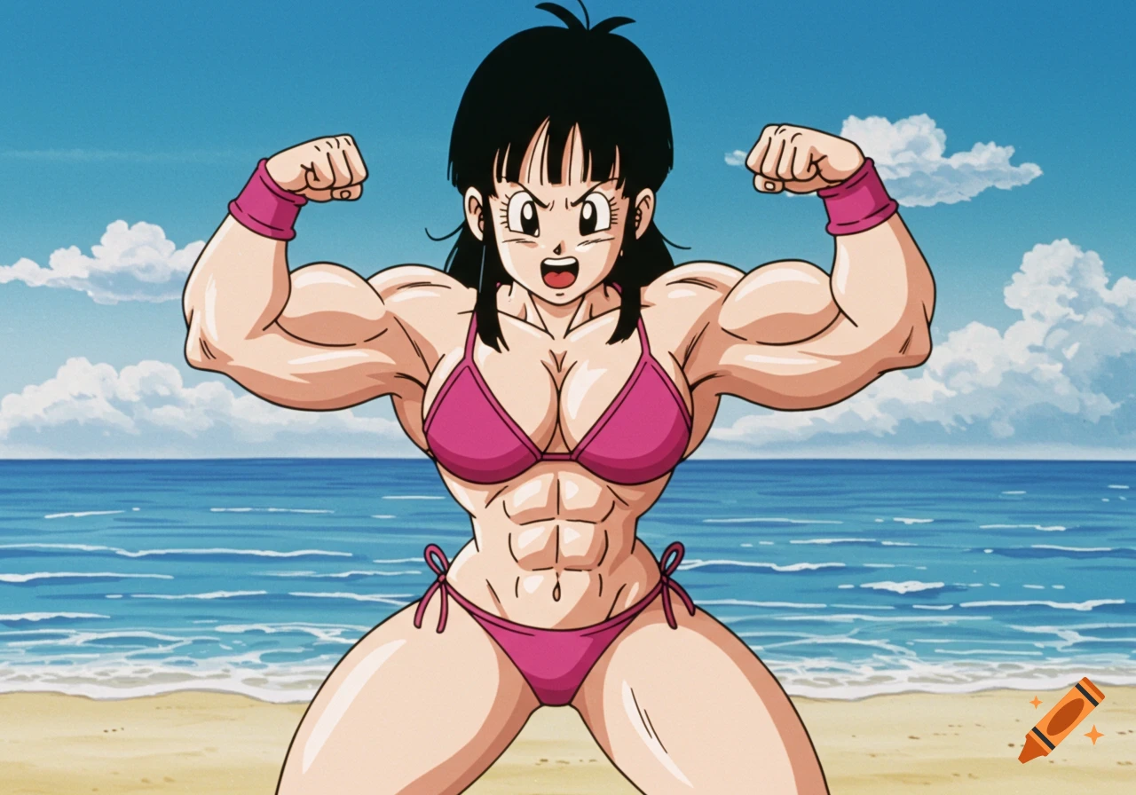 Anime image of muscular Chi-Chi from Dragon Ball Z flexing in a pink bikini on a beach.