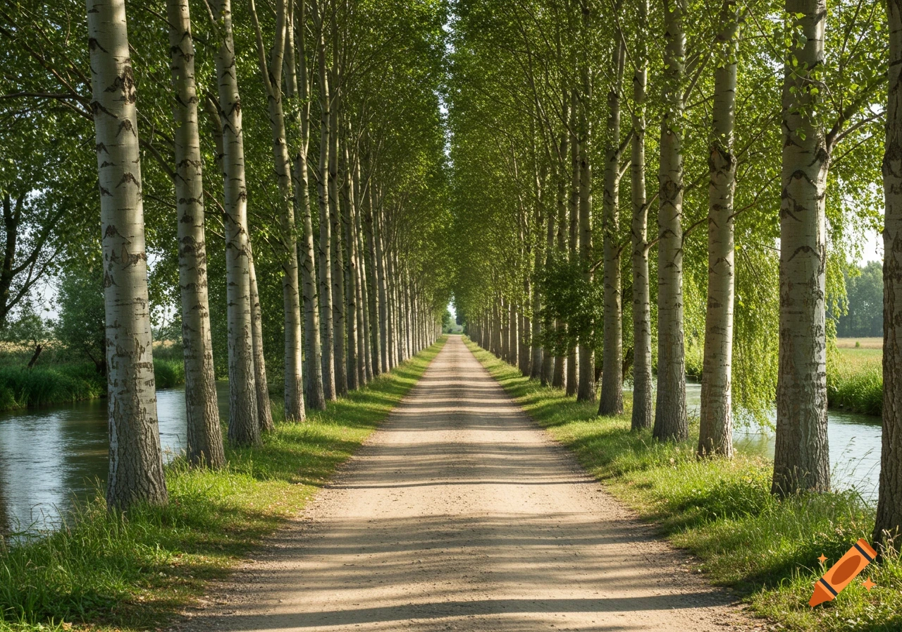 A dirt path runs through an avenue of tall trees with a river on the side under sunlight.