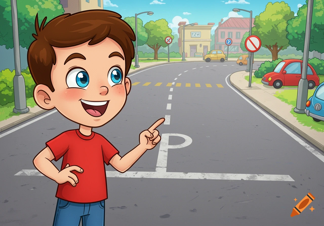 Cartoon boy pointing on a street with cars and buildings