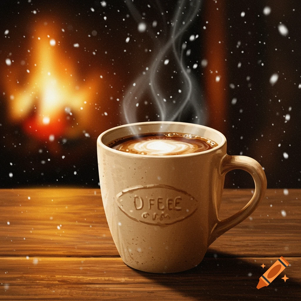A steaming cup of coffee on a wooden table in front of a fireplace with snow falling outside.