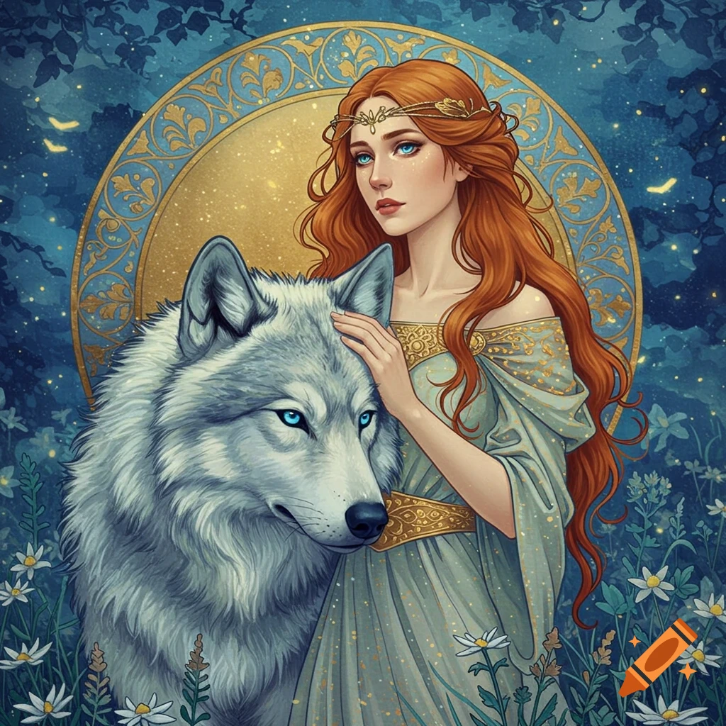 A woman with red hair pets a white wolf against a starry blue and gold backdrop.