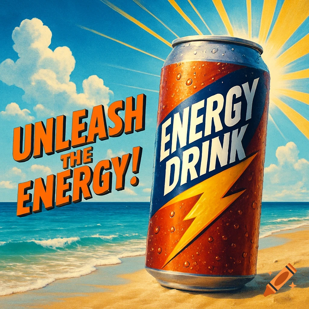 Energy drink can on a beach with text 'Unleash the Energy!' and 'Energy Drink'.