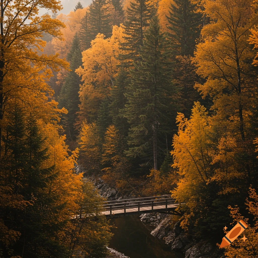 A wooden bridge crosses a stream in an autumn forest.