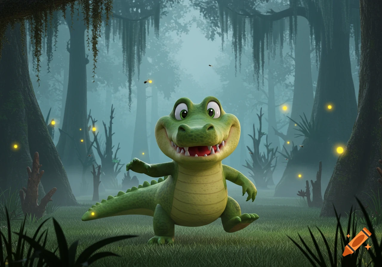 A cartoon alligator smiles big while walking in a misty swamp with fireflies.