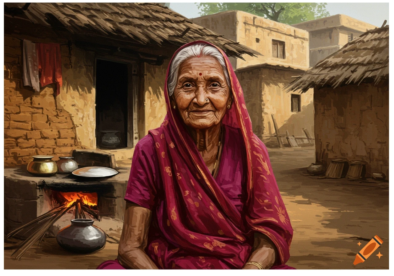 An elderly Indian woman in a red sari sits before an outdoor fire in a village setting. Painted style.
