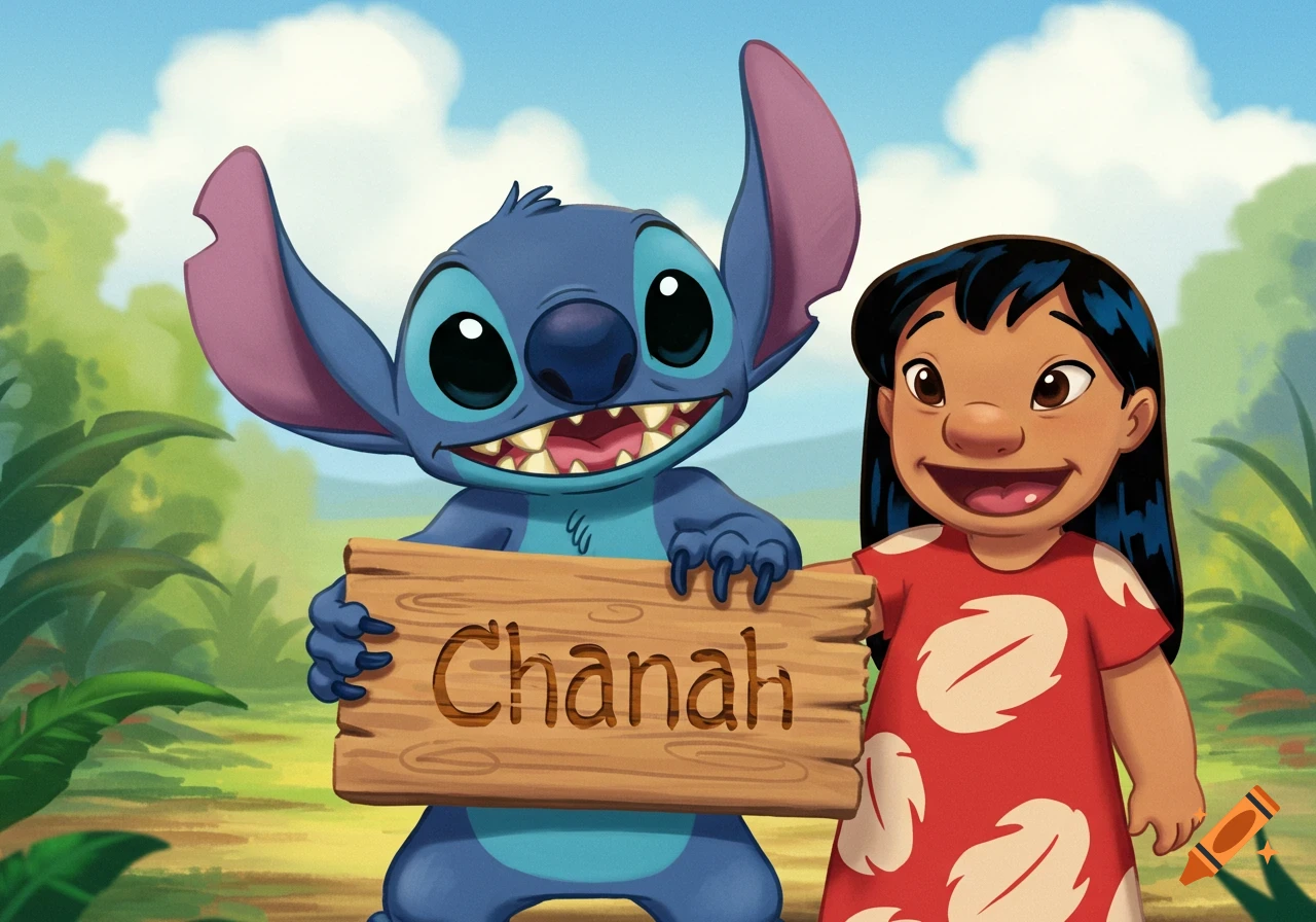 Lilo and Stitch cartoon holding a wooden plank with the name Chanah