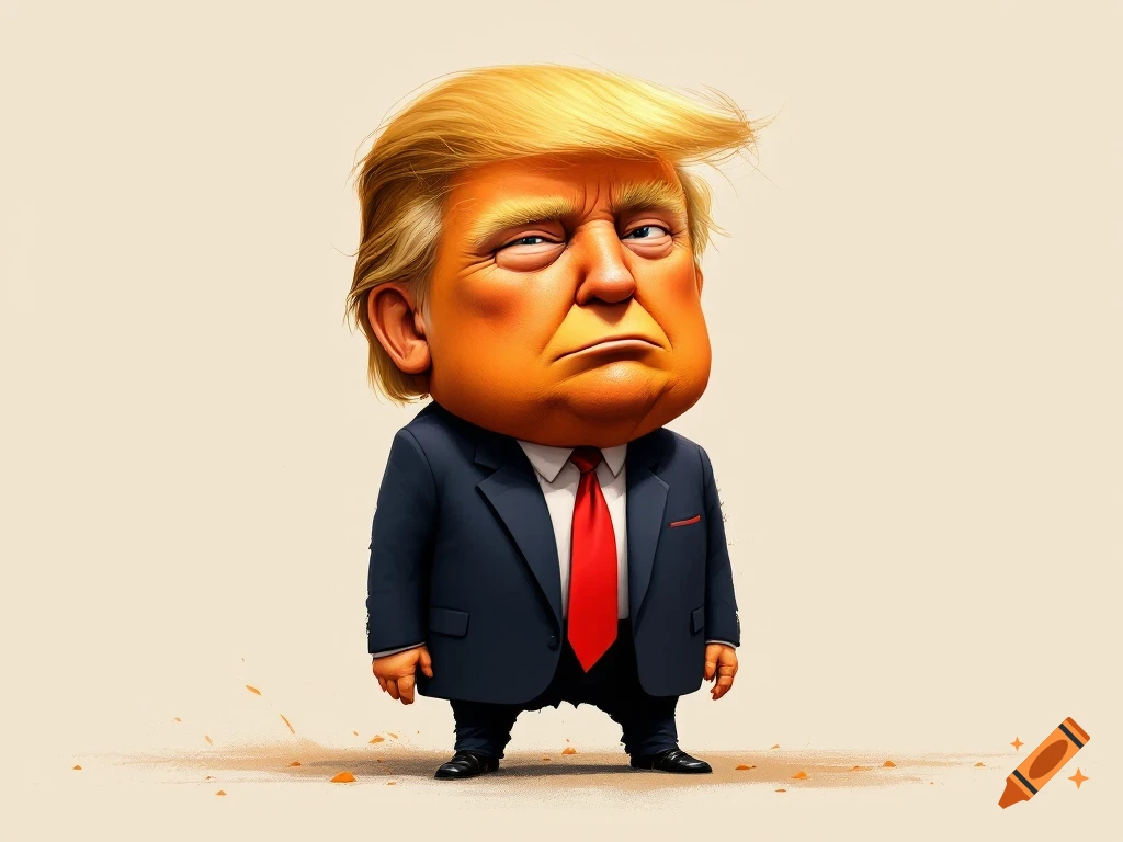 Cartoon caricature of Donald Trump with orange skin, wearing a dark suit and red tie, standing against a light background.