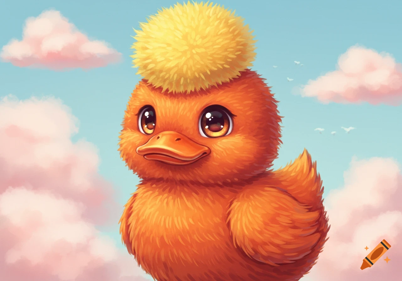 A cute orange cartoon duck with fluffy feathers and a yellow puffball on its head against a sky with pink clouds.